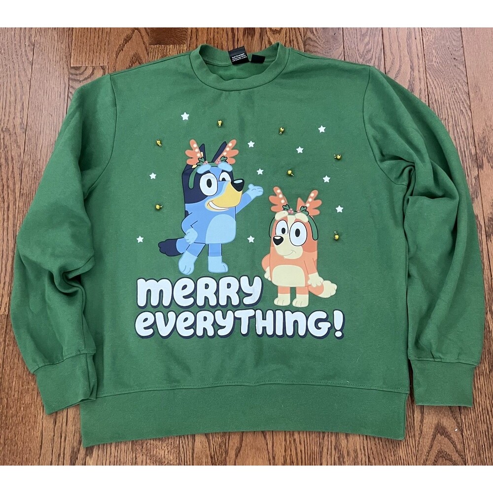 Bluey Green Crew Neck Fleece Pullover Sweatshirt Graphic Logo Merry Everything L